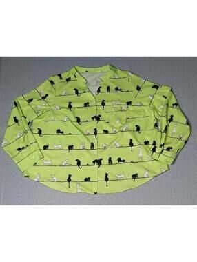 Cats On A Line Long Sleeve Button Up Blouse Womens Size 5XL Green Cute Cats ...